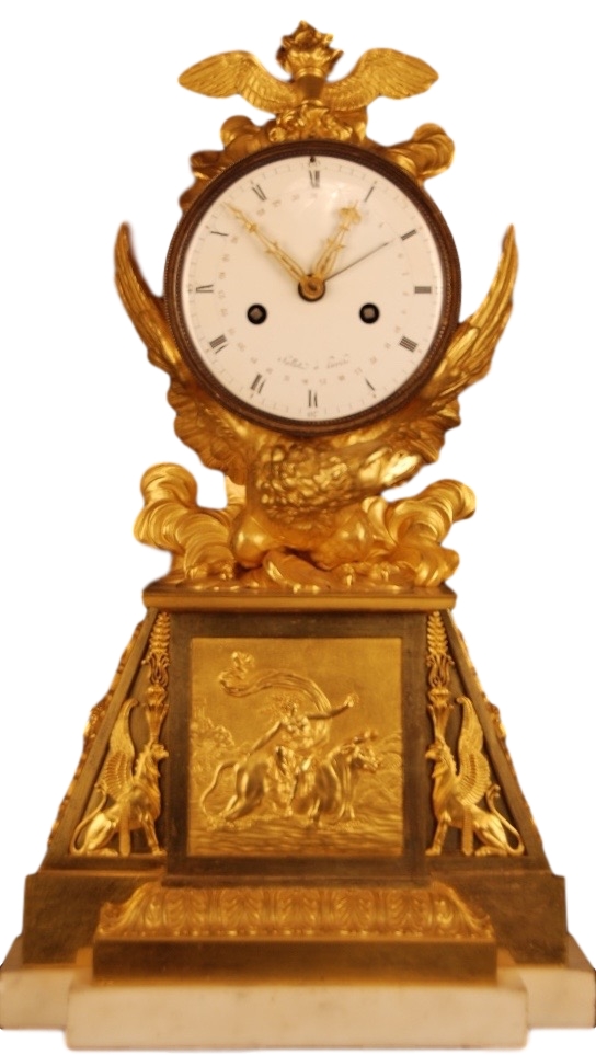 A very rare Directoire - 1793-95 - gilt bronze mantle clock of eight day duration, the white enamel dial signed Sallot à Paris